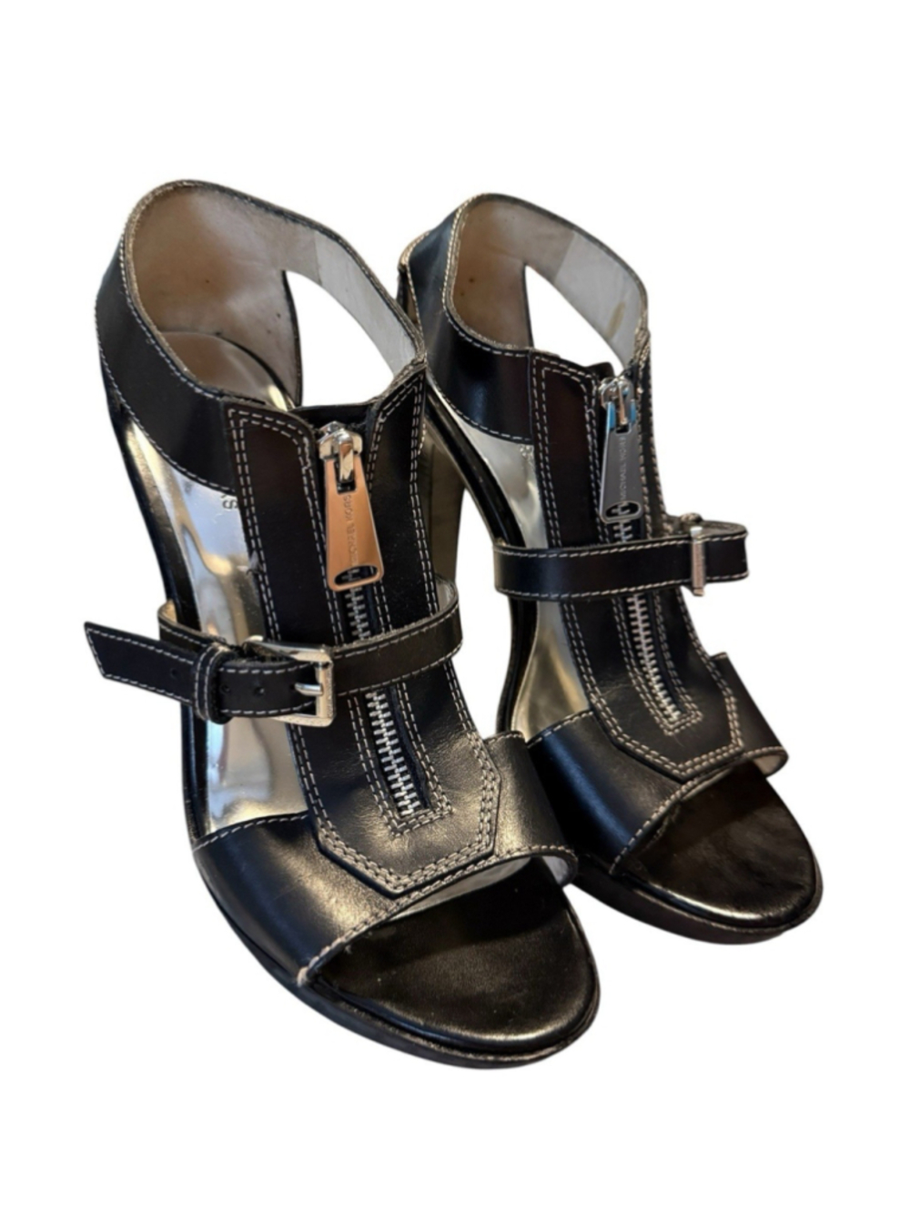 Michael Kors Black Leather Platform Sandals Zip Buckle High Heel Womens Size 8.5